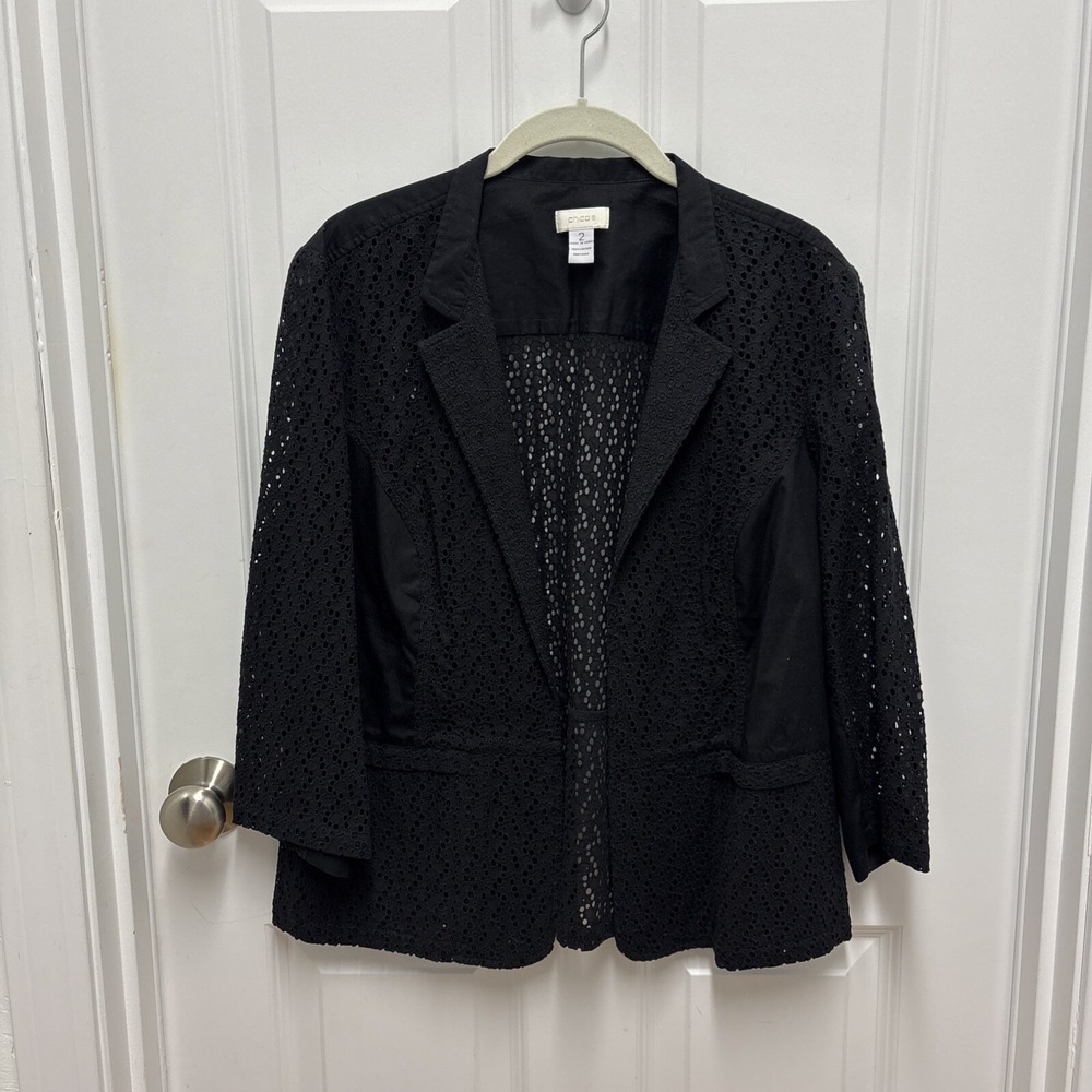 Chico's 100% Cotton Crochet 2 Hidden‎ Pockets Front Beautiful Black - Size 2 (L)